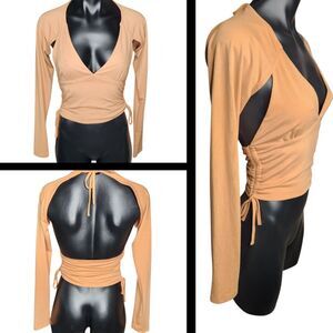 Forever 21 Halter Top Cut Out Long Sleeve Size M Beige Tan Ruched Tie With Tags